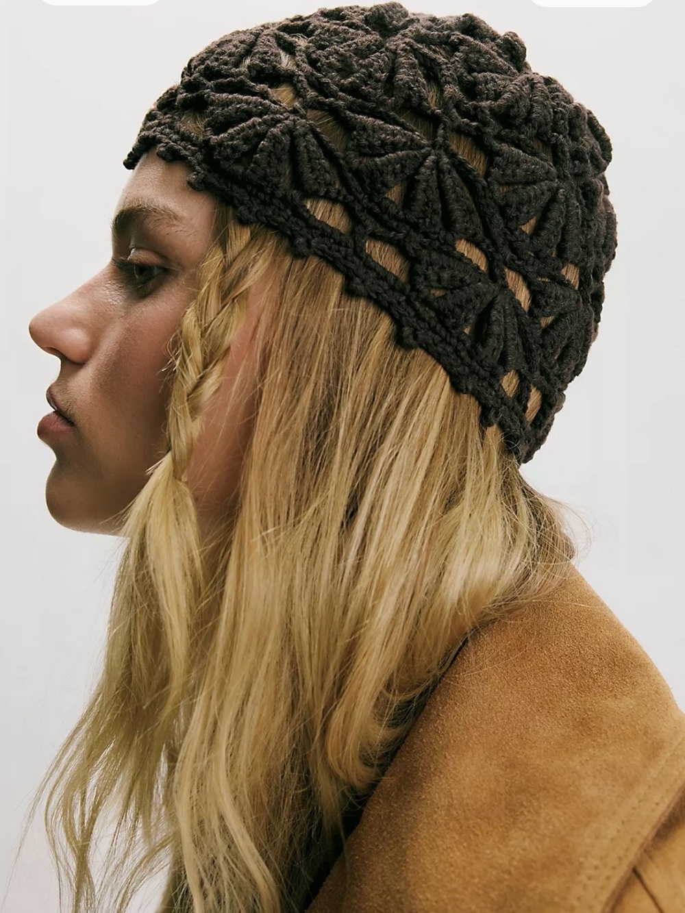 Free People Cora Crochet Knit Skull Cap Chocolate Brown NWT